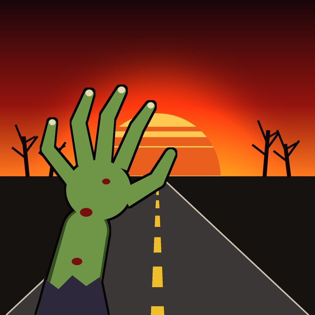 Dead Road Survivors app icon: a green zombie hand reaching up over an empty road at sunset.
