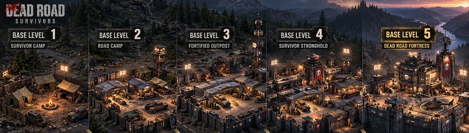 The camp's base growing through five levels in Dead Road Survivors: Survivor Camp, Road Camp, Fortified Outpost, Survivor Stronghold and Dead Road Fortress.