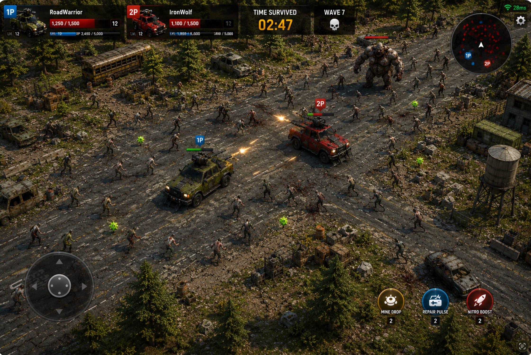 Top-down co-op gameplay in Dead Road Survivors: two armored cars fire into a horde of zombies on a forest crossroads while a Brute closes in.