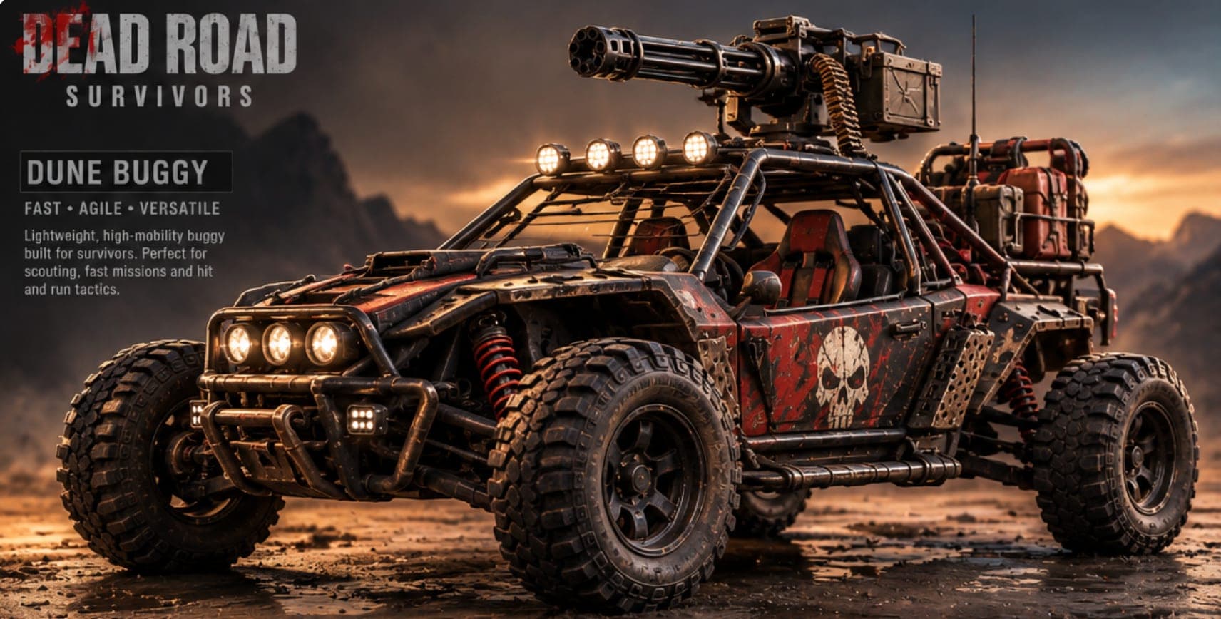The Dune Buggy from Dead Road Survivors: a roll-cage off-roader with red suspension, a roof minigun and jerry cans strapped to the back.