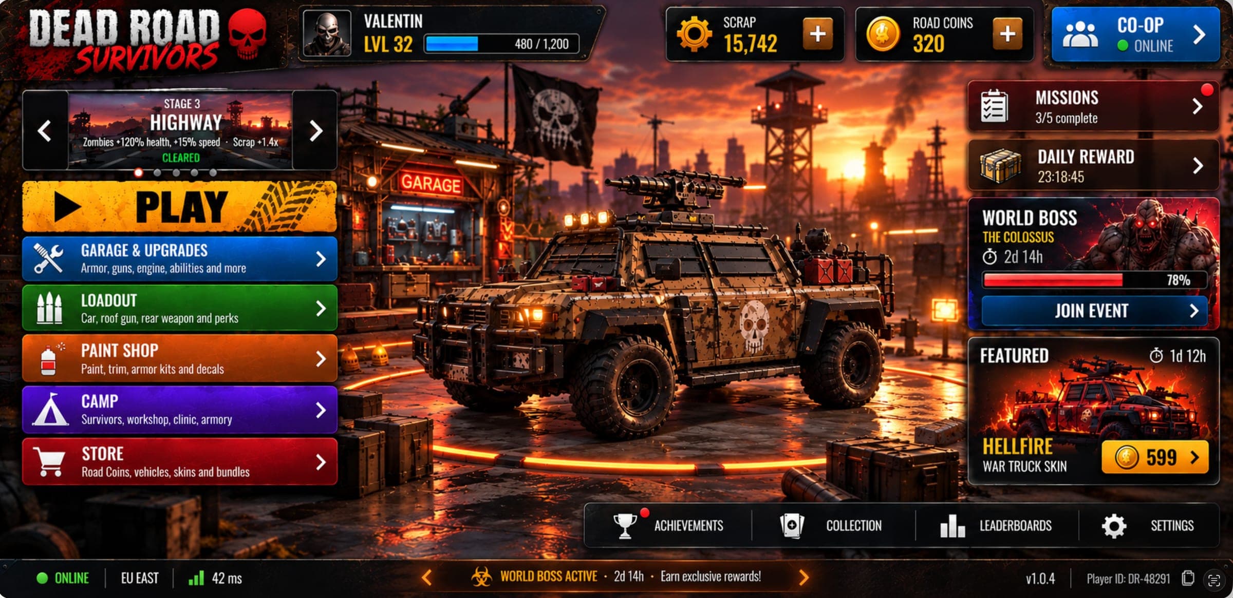 The Dead Road Survivors home screen: an armored car on a lit turntable in the garage yard, with PLAY, upgrades, loadout, paint shop, camp, store and the World Boss event.