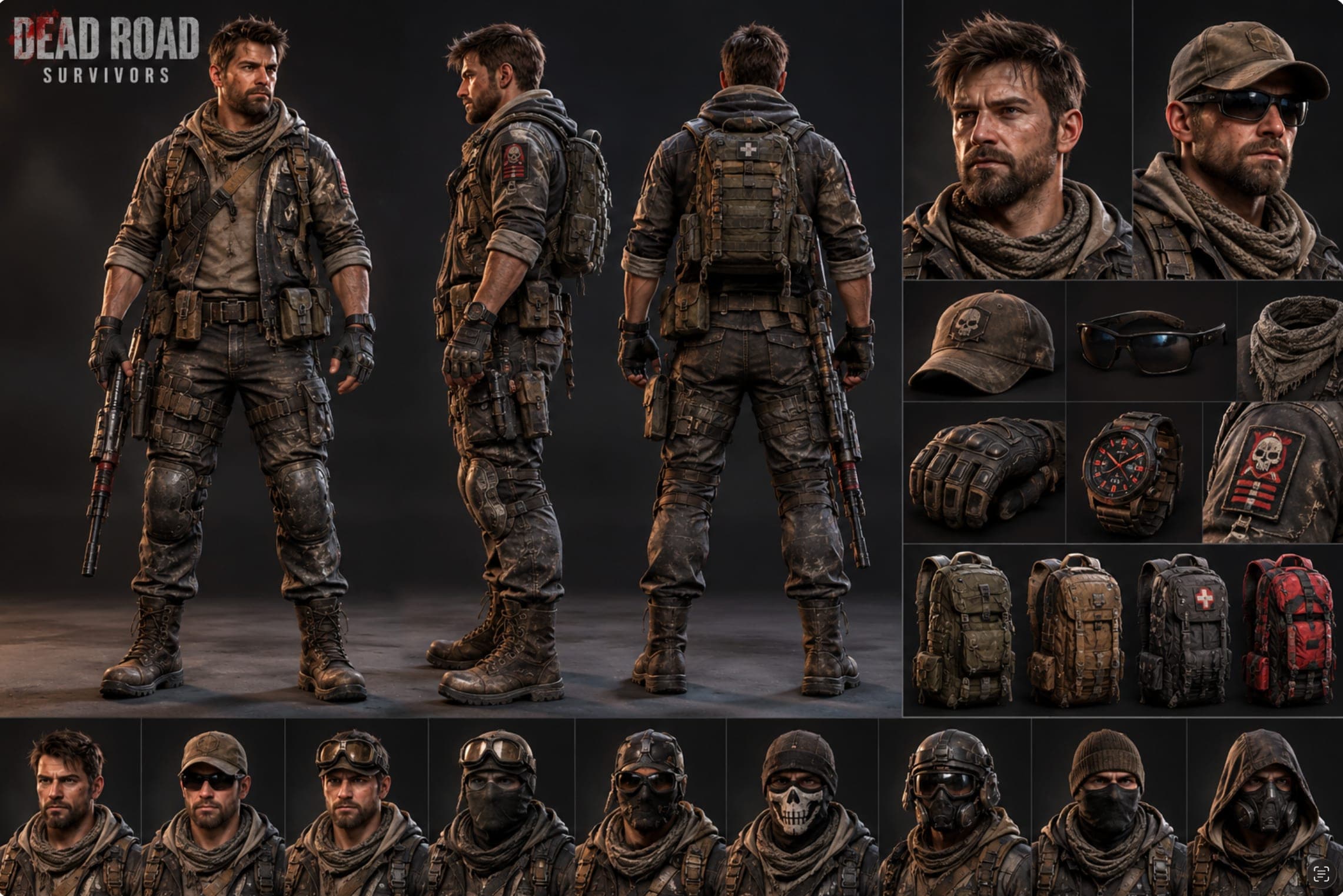 Survivor character sheet with gear close-ups, four backpacks and nine head variations from caps and goggles to skull and gas masks.