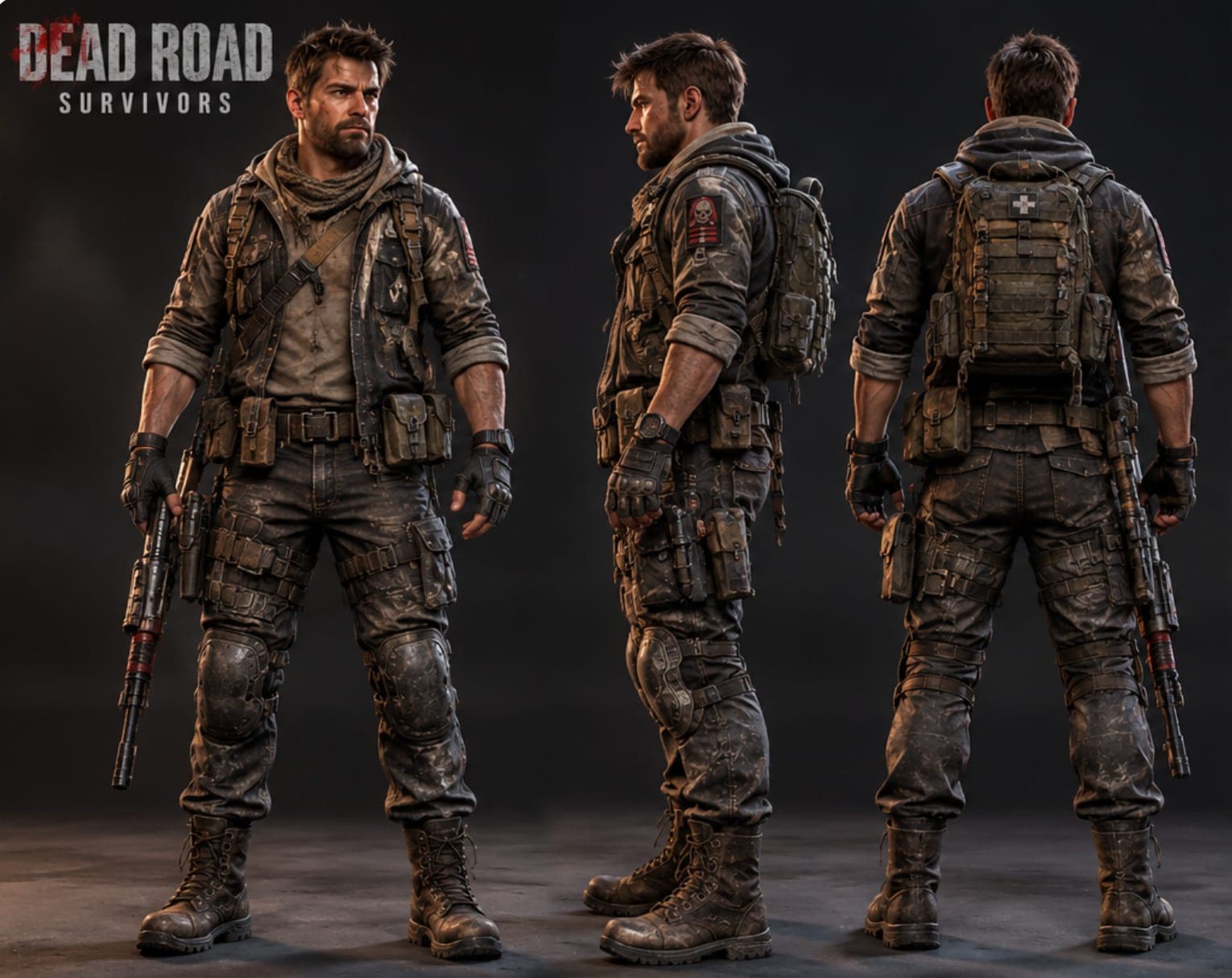 The survivor soldier from Dead Road Survivors in front, side and back views, with a rifle, plate carrier, scarf and backpack.