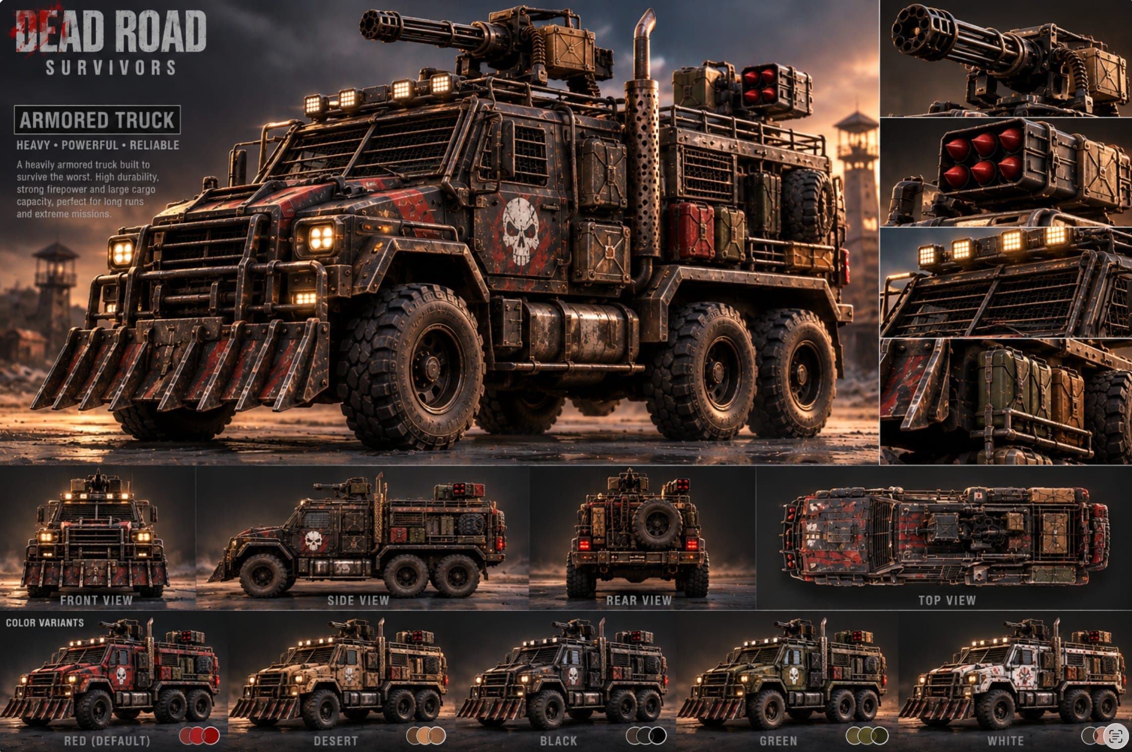 War Truck model sheet: front, side, rear and top views, close-ups and five paint colours.