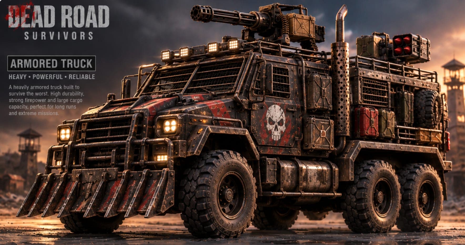 The War Truck from Dead Road Survivors: a six-wheeled armored truck with a spiked plough, a roof minigun and a rocket pod.