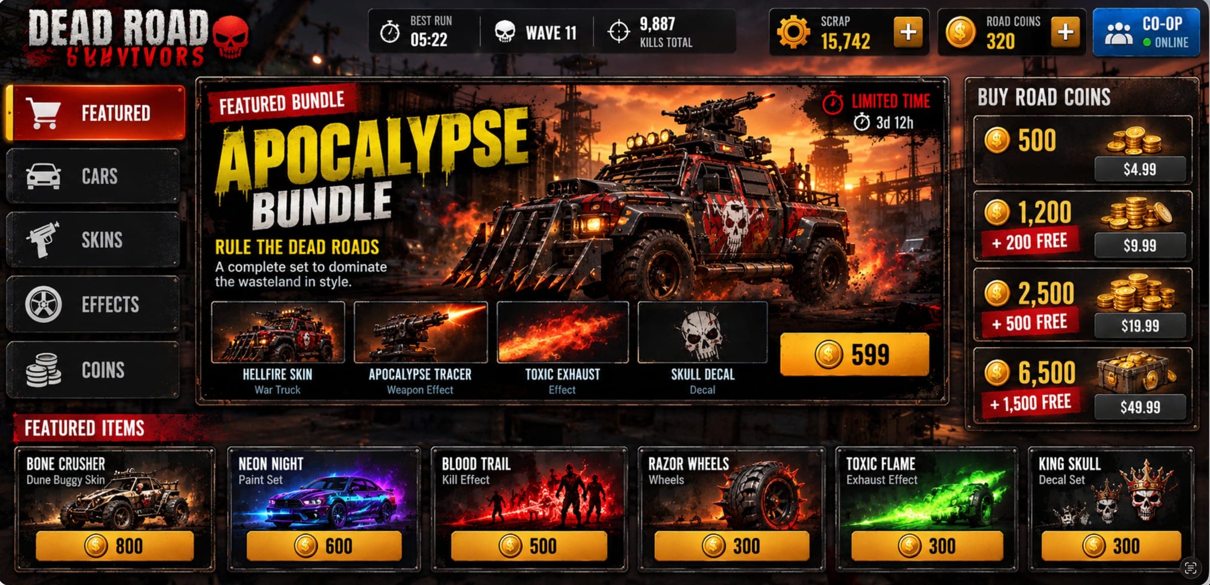 The Dead Road Survivors store with the Apocalypse bundle, car skins, paint sets, wheels, exhaust and kill effects.